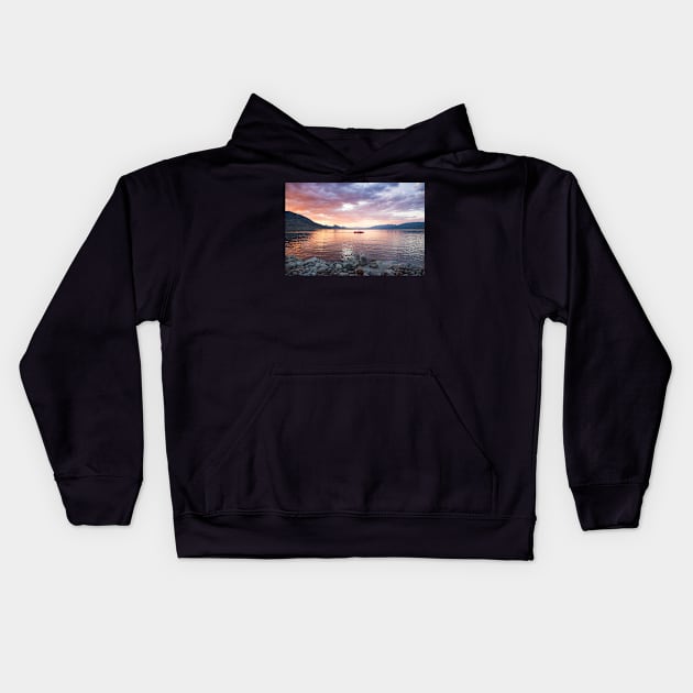 Dramatic Sunset and Boat on Okanagan Lake Kids Hoodie by Amy-K-Mitchell